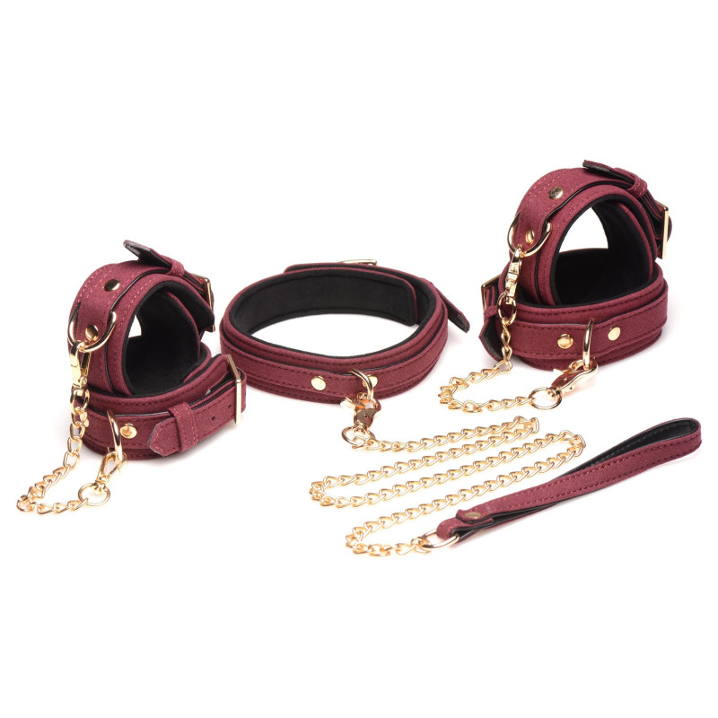 6-teiliges BDSM-Wildleder-Fessel-Set mit Halsband und Riemen - Burgandy